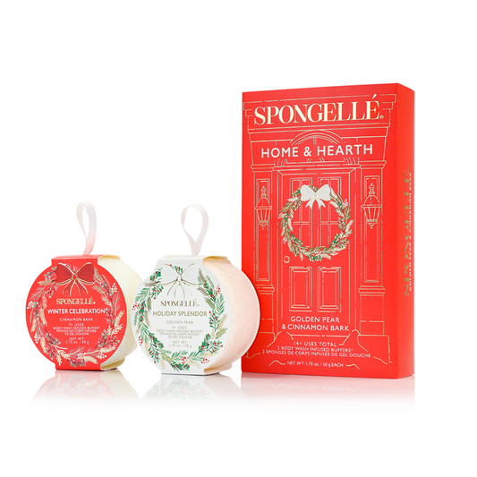 Spongelle Home & Hearth gift set with two wreath body buffers on a white background