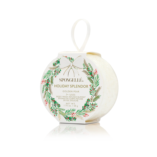 Spongelle Holiday Splendor body buffer with decorative packaging on a white background