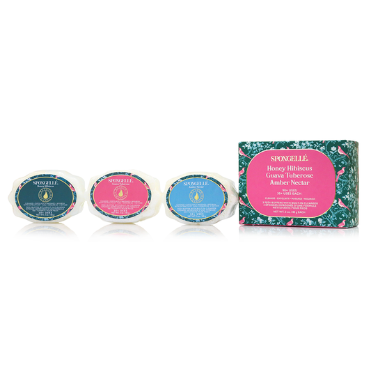 Three Spongelle Pedi Buffers with Trio Set boxed packaging on a white background