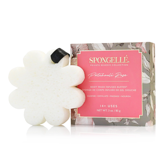 Spongellé Patchouli Rose body wash sponge with packaging on a white background